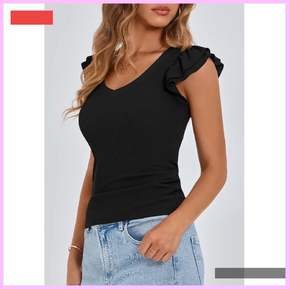 Women's V-Neck Ruffle Sleeveless Slim Fit Summer Top Blouse - Picture 4 of 4